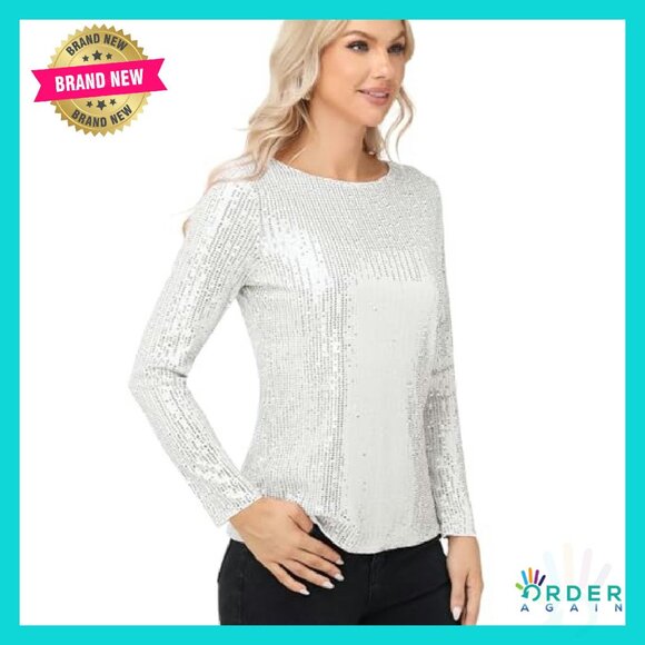 Long Sleeve Sequin Blouse Elegant Party Top Lined Sparkly Evening Wear - Picture 3 of 8